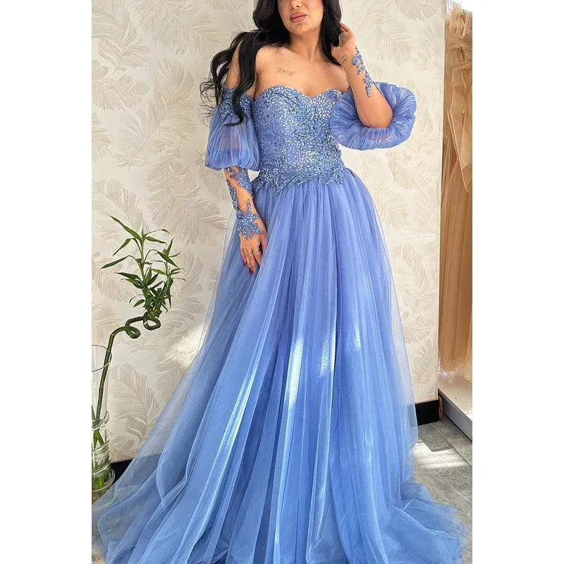 Sweetheart Strapless Sequined Tulle A-Line Evening Dress With Detachable Sleeves
