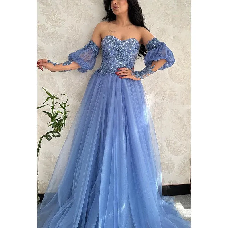 Sweetheart Strapless Sequined Tulle A-Line Evening Dress With Detachable Sleeves