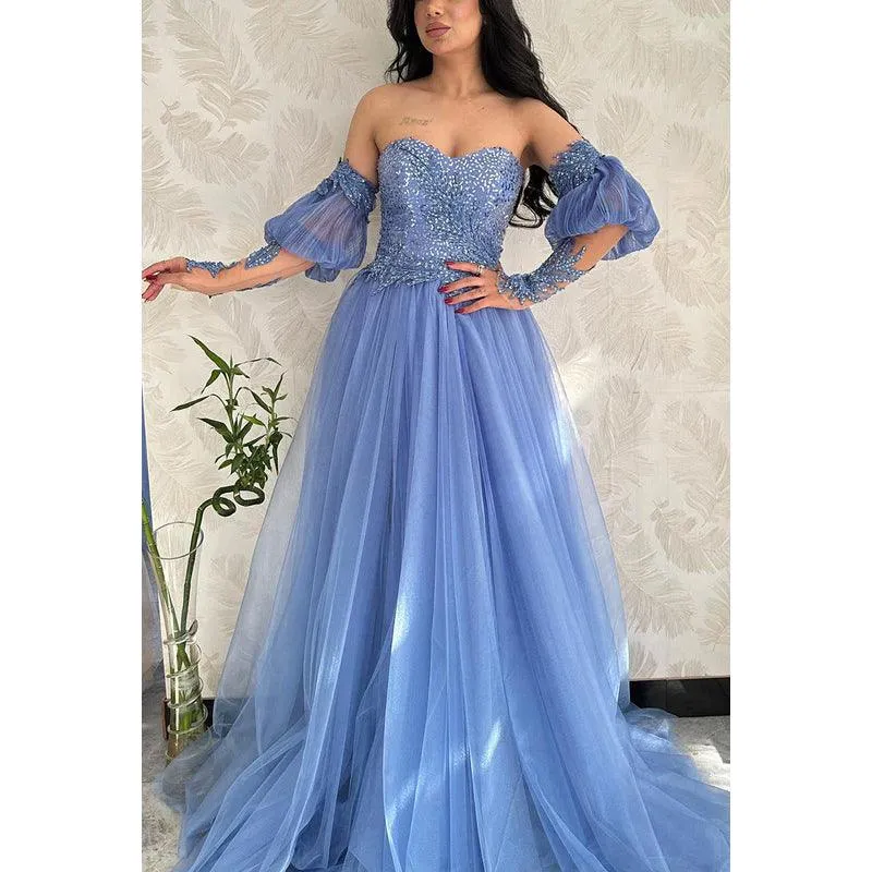 Sweetheart Strapless Sequined Tulle A-Line Evening Dress With Detachable Sleeves