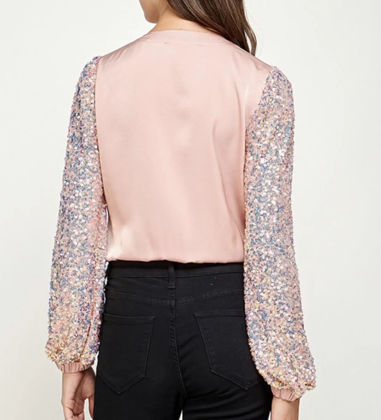 The Natalie Bodysuit: Pink Sequin Sleeve Bodysuit