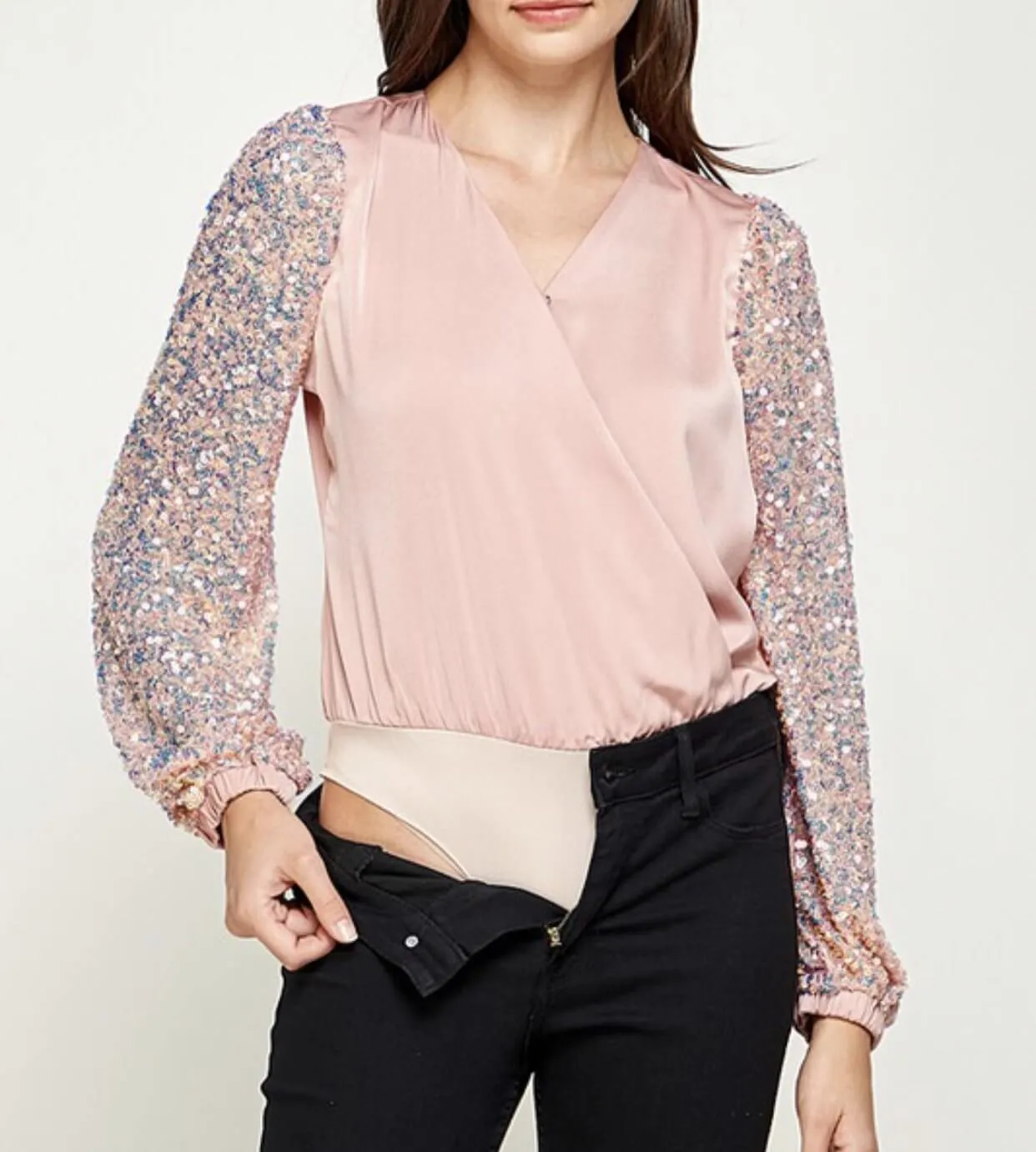 The Natalie Bodysuit: Pink Sequin Sleeve Bodysuit