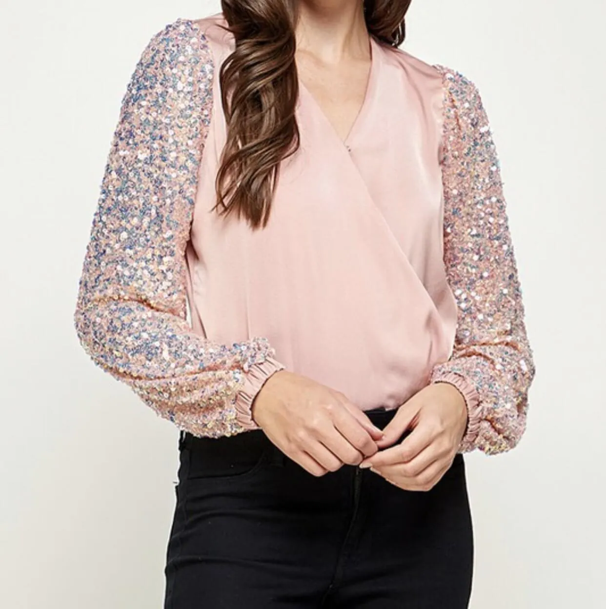 The Natalie Bodysuit: Pink Sequin Sleeve Bodysuit