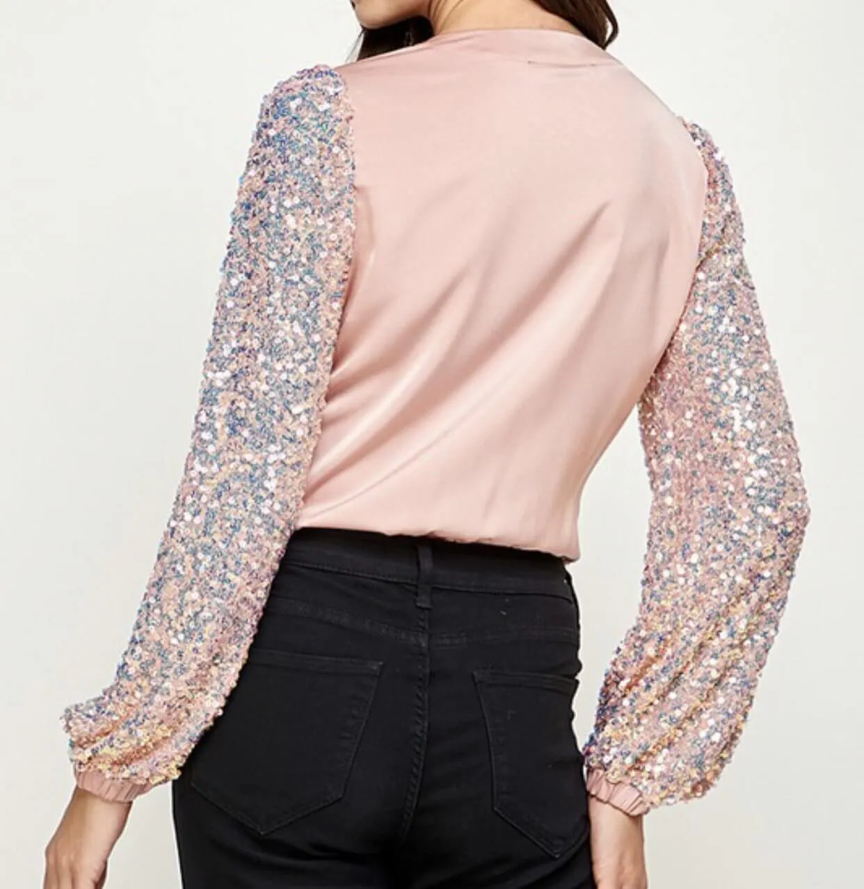 The Natalie Bodysuit: Pink Sequin Sleeve Bodysuit
