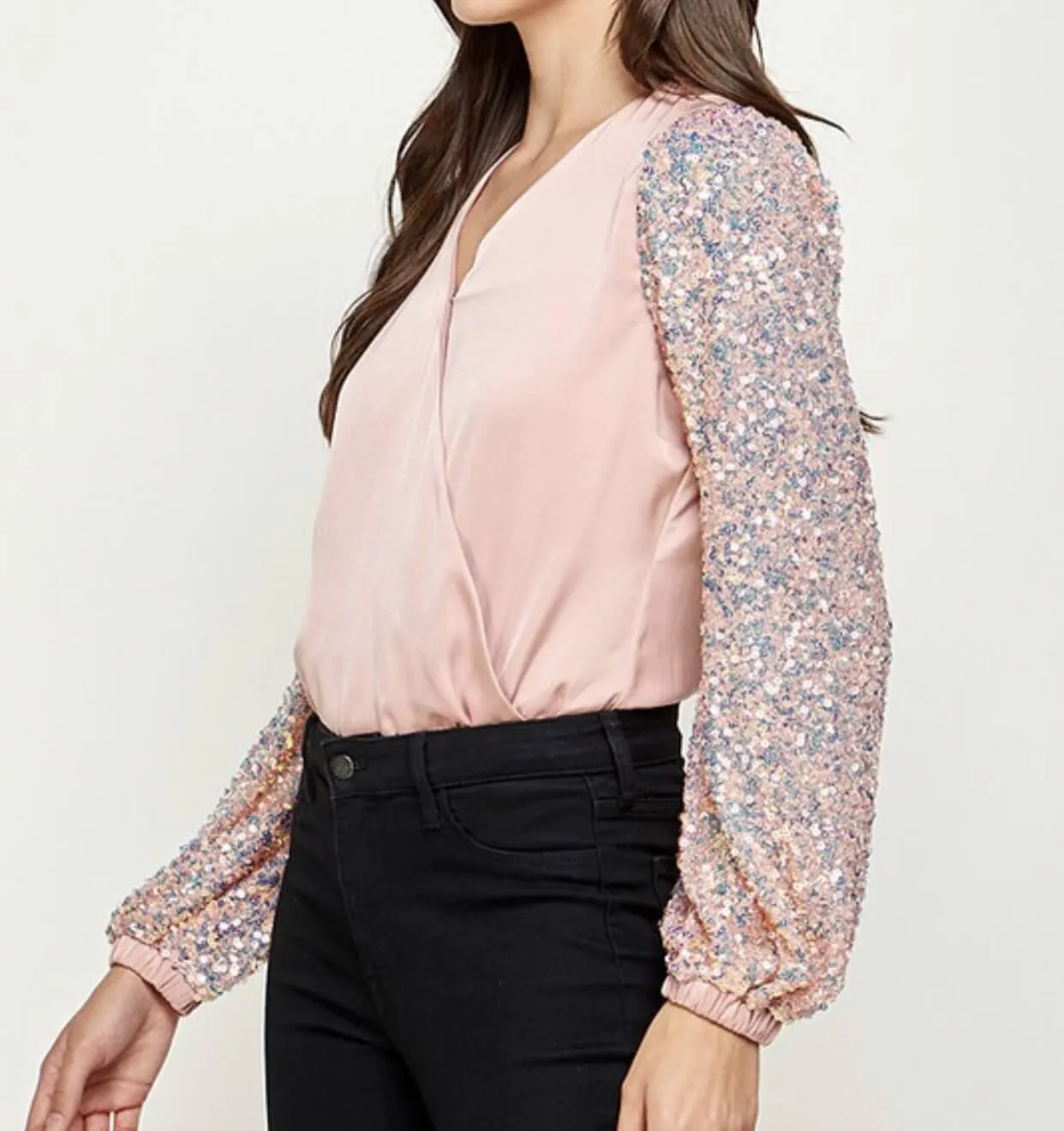 The Natalie Bodysuit: Pink Sequin Sleeve Bodysuit