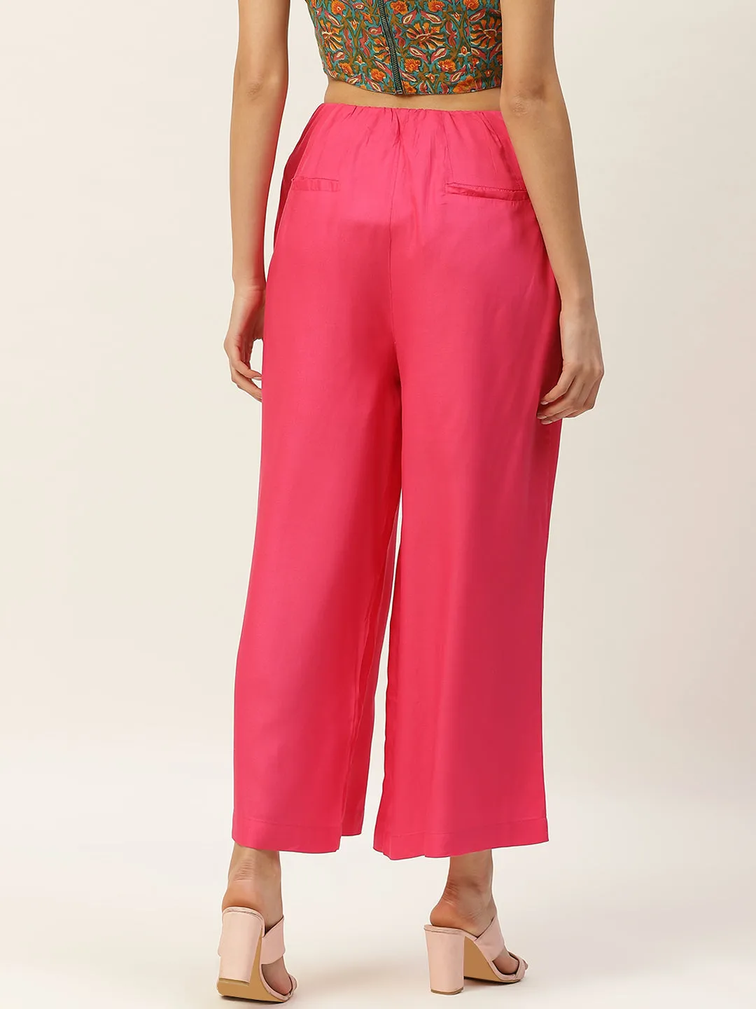 Women Fuchsia Front Button Pleated Culottes
