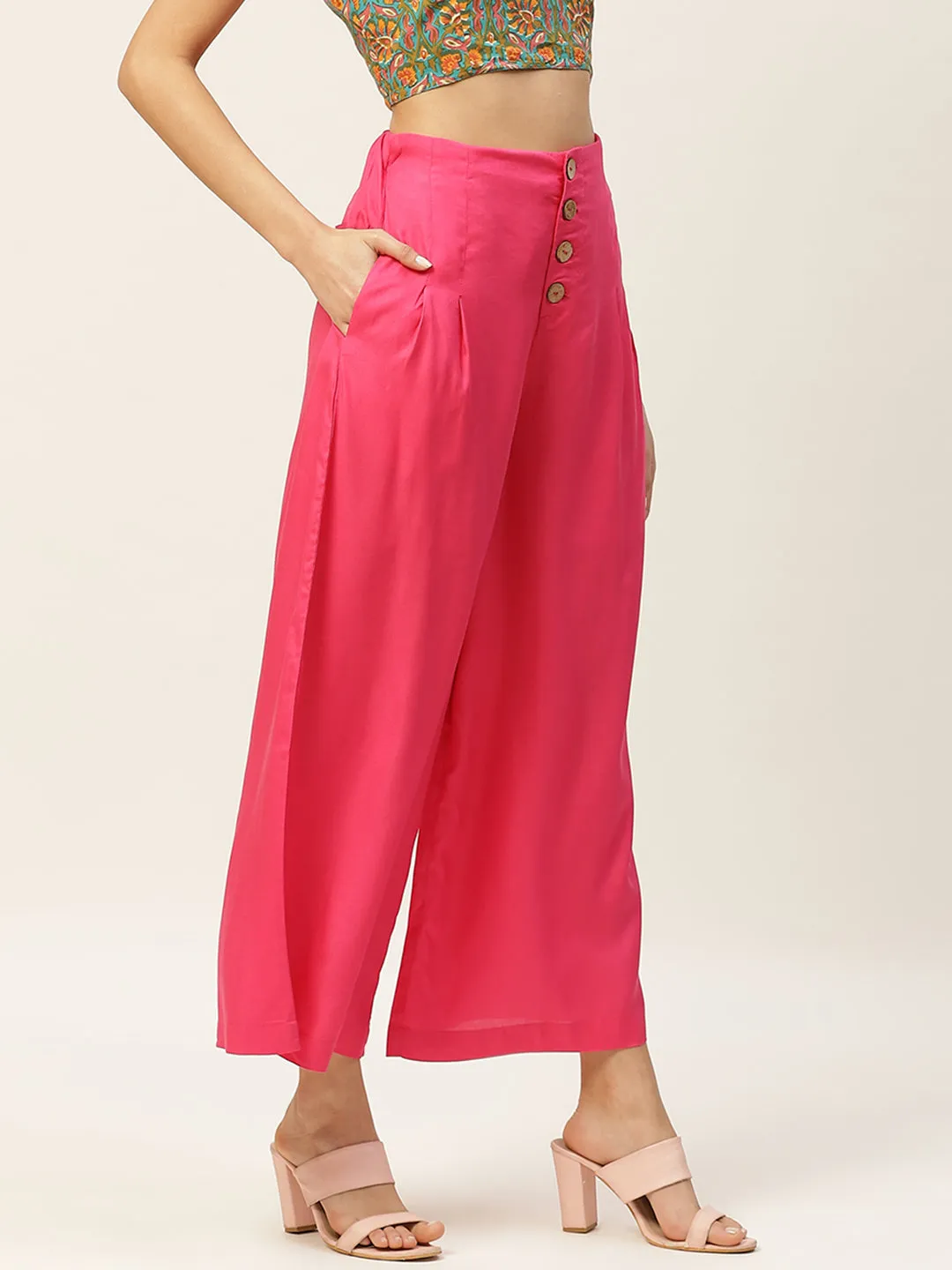 Women Fuchsia Front Button Pleated Culottes