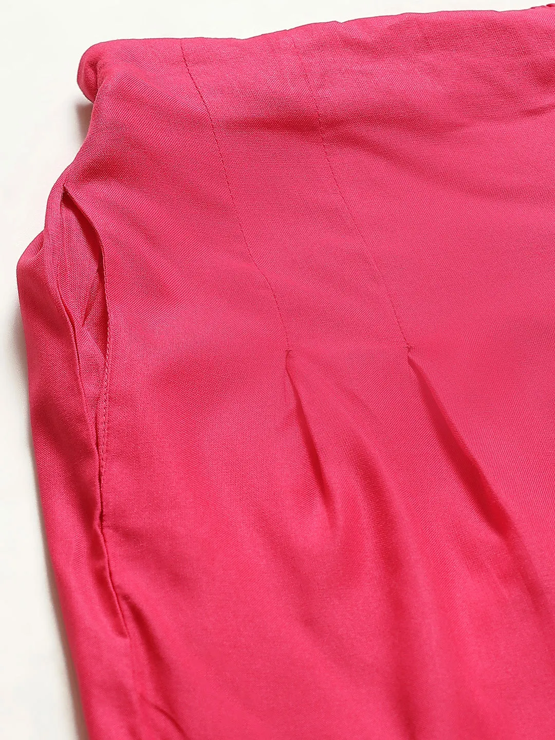 Women Fuchsia Front Button Pleated Culottes