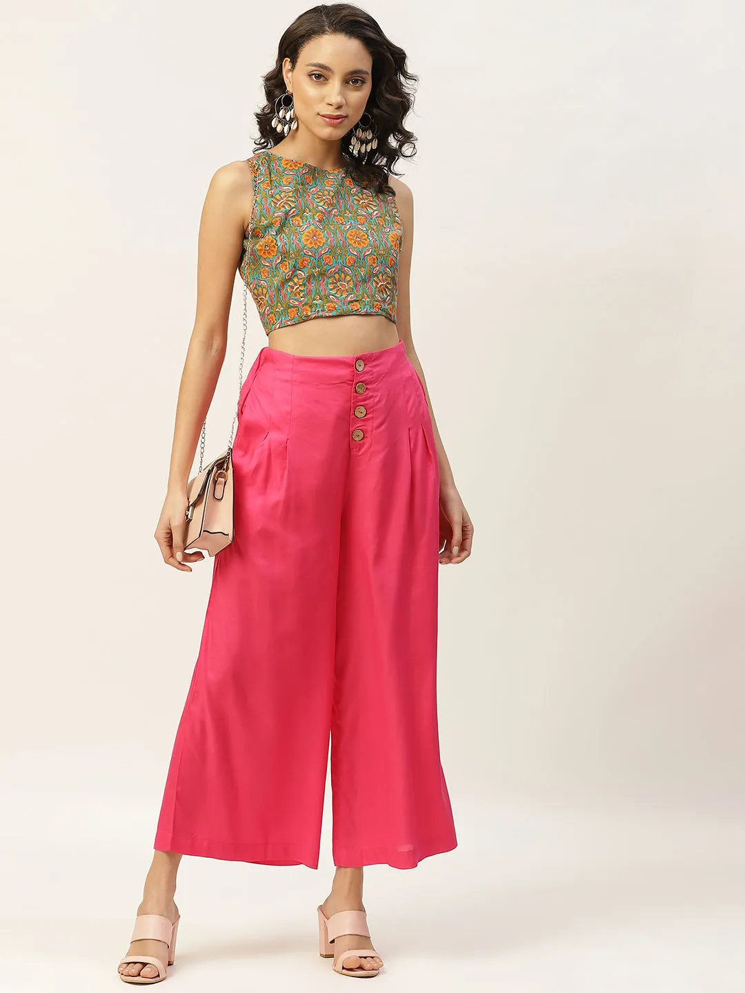 Women Fuchsia Front Button Pleated Culottes
