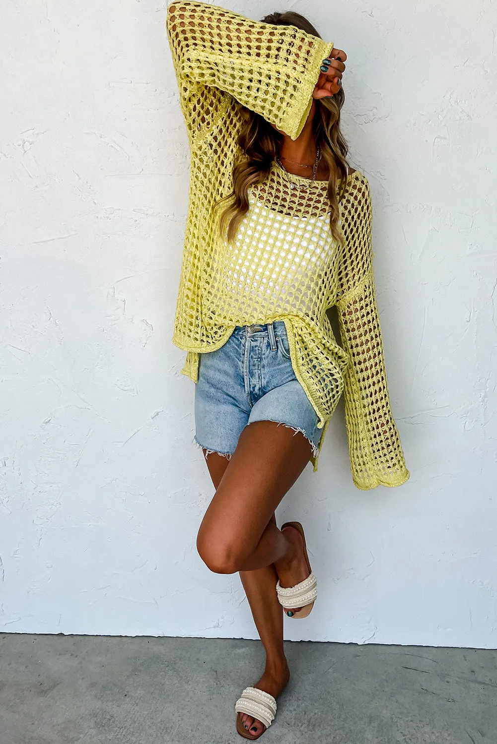 Yellow Open Knit Bell Sleeve Tunic Sweater